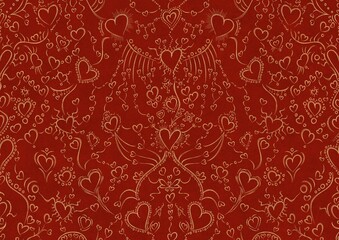 Hand-drawn unique abstract symmetrical seamless gold ornament on a bright red background. Hearts and ribbons. Paper texture. Digital artwork, A4. (pattern: pv02a)
