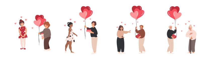 Cartoon flat vector character couples, Valentine Day greeting cards design set. Different age races people in love celebrate February 14 element, Couples in love. 