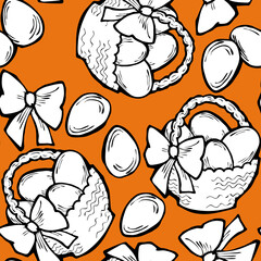 Easter seamless pattern with flowers, eggs, basket, spring decorative elements. Hand drawn illustration for textile print, fabric design, party decoration, scrapbooking, wallpaper and wrapping.