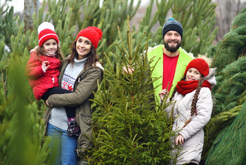 young family - parents and two daughters are smiling against the backdrop of a Christmas tree shop. Preparing for Christmas.