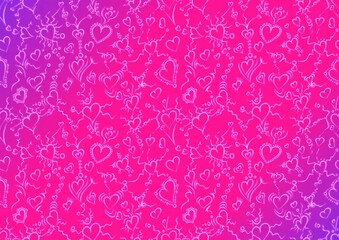 Hand-drawn abstract seamless ornament. Hearts and ribbons. Neon gradient (plastic pink to proton purple) background and glowing pattern on it. Cloth texture. Digital artwork, A4. (pattern: pv01b)