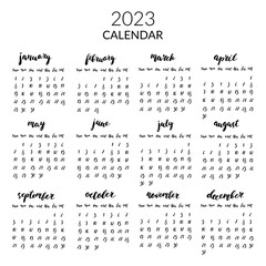 Calendar with hand written elements, month names, days, numbers