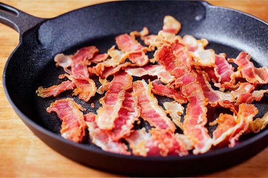 Cast Iron Skillet With Pieces Of Fried Bacon For Cooking Fatty Foods