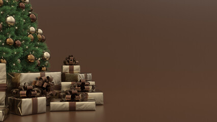 Christmas tree with bronze decorations and gifts, on a brown background. Christmas background with copy space for text.