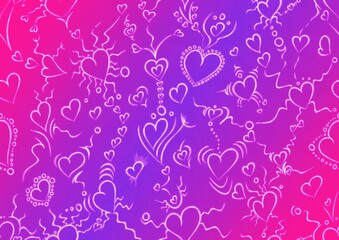 Hand-drawn abstract seamless ornament. Neon gradient (plastic pink to proton purple) background and glowing pattern on it. Cloth texture. Digital artwork, A4.  (pattern: pv01a)