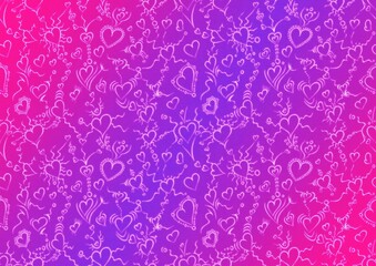 Hand-drawn abstract seamless ornament. Neon gradient (plastic pink to proton purple) background and glowing pattern on it. Cloth texture. Digital artwork, A4.  (pattern: pv01b)