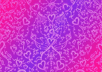 Hand-drawn abstract seamless ornament. Neon gradient (plastic pink to proton purple) background and glowing pattern on it. Cloth texture. Digital artwork, A4. (pattern: pv02a)