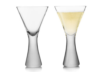 Empty and full wine and champagne glasses on white background.