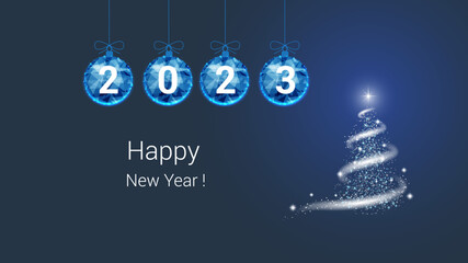 Fototapeta na wymiar New Year tree, blizzard, Christmas balls. New Year 2023 Background