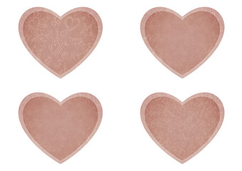Set of 4 heart shaped valentine's cards. 2 with pattern, 2 with copy space. Pale pink background and light beige pattern on it. Cloth texture. Hearts size about 8x7 inch / 21x18 cm (pv01ab)