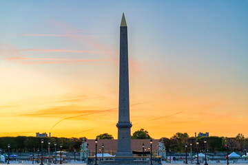 The Luxor Egyptian Obelisk on Place de la Concorde at sunrise in Paris, France