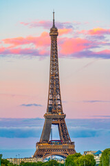 View of The Eiffel Tower at sunset in Paris. France