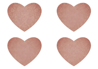 Set of 4 heart shaped valentine's cards. 2 with pattern, 2 with copy space. Pale pink background and light beige pattern on it. Cloth texture. Hearts size about 8x7 inch / 21x18 cm (pv02ab)