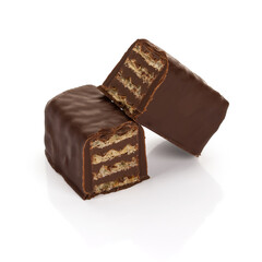 Two Falling waffle chocolate bars isolated on shadow background