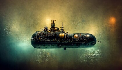 Tiny Steampunk submarine in hangar sci-fi design