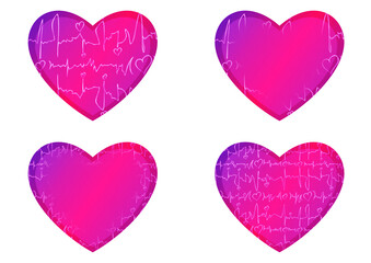 Set of heart shaped valentine's cards. 2 with pattern, 2 with copy space. Neon gradient plastic pink to proton purple, glowing pattern on it. Cloth texture. Heart size 8x7 inch / 21x18 cm (pv03ab)