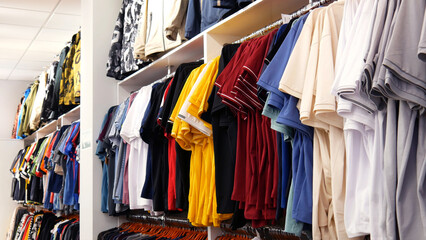 Many different men's clothes hanging in the store