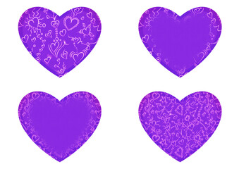 Set of 4 heart shaped valentine's cards. 2 with pattern, 2 with copy space. Neon proton purple background and glowing pattern on it. Cloth texture. Hearts size about 8x7 inch / 21x18 cm (pv01ab)