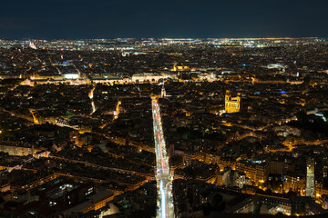 Rue de Rennes street at night from above in Paris. French