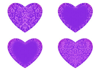 Set of 4 heart shaped valentine's cards. 2 with pattern, 2 with copy space. Neon proton purple background and glowing pattern on it. Cloth texture. Hearts size about 8x7 inch / 21x18 cm (pv02ab)