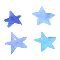 A set of blue watercolor stars. Watercolor illustration, isolate.