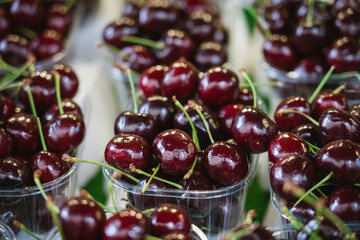 Cherries in plastic packaging. Selective focus 
