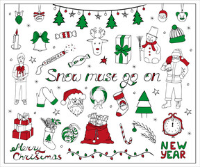Christmas set of festive symbols and design elements.  Hand drawn colorful doodle illustration on white background.