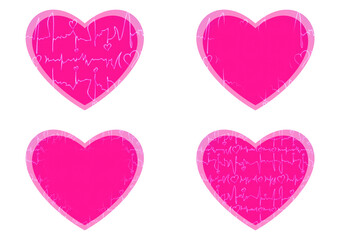 Set of 4 heart shaped valentine's cards. 2 with pattern, 2 with copy space. Neon plastic pink background and glowing pattern on it. Cloth texture. Hearts size about 8x7 inch / 21x18 cm (pv03ab)