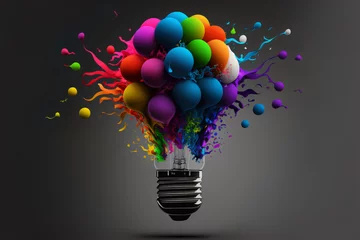 Foto op Plexiglas a colorful idea light bulb lamp with balloons, visualization of brainstorming, bright idea and creative thinking, generative ai © CROCOTHERY