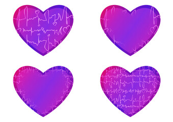 Set of heart shaped valentine's cards. 2 with pattern, 2 with copy space. Neon gradient proton purple to plastic pink, glowing pattern on it. Cloth texture. Heart size 8x7 inch / 21x18 cm (pv03ab)