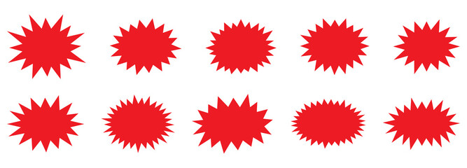 Bursting shape speech bubbles set. Starburst and sunburst cartoon shapes. Splash star icon set in flat style. Set of explosion background for a surprising and shocking moment with sample texts.