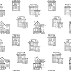 Hand drawn seamless pattern with cute little houses for fabric, textile, wrapping paper, wallpaper. Doodle vector print