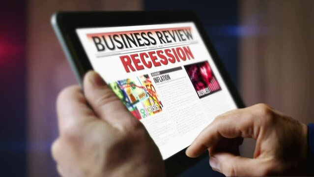 Recession, economy crisis and business crash daily newspaper reading on mobile tablet computer screen. Man touch screen with headlines news abstract concept 3d.