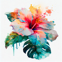 Abstract double exposure watercolor hawaiian flower. Digital illustration. Generative AI - obrazy, fototapety, plakaty