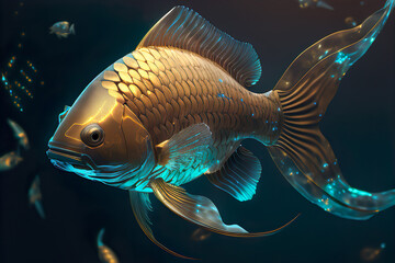 A beautiful futuristic fantasy fish, underwater view, glowing golden scales