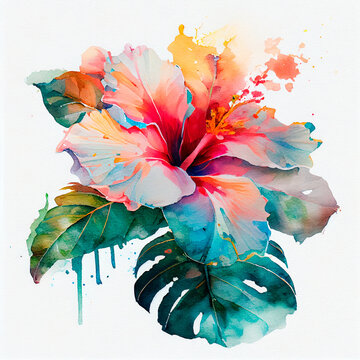 Fototapeta Abstract double exposure watercolor hawaiian flower. Digital illustration. Generative AI