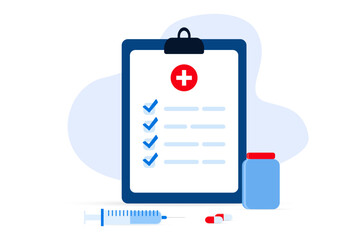 Clipboard, medical check form report. Medical list with medications. Medical form list with results data and approved check mark. Prescription with pills and medicines. Vector illustration