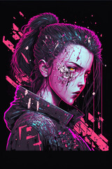 beautiful cute cyberpunk girl edge shatters and dissolves into 16-bit pixel art, pixels, square pixels, pixel dissolve, pixel shatter, neon, comics style, art illustration