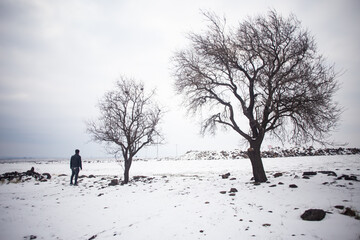 man walking in the snow, winter 