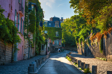 Old street in quarter Montmartre in Paris, France