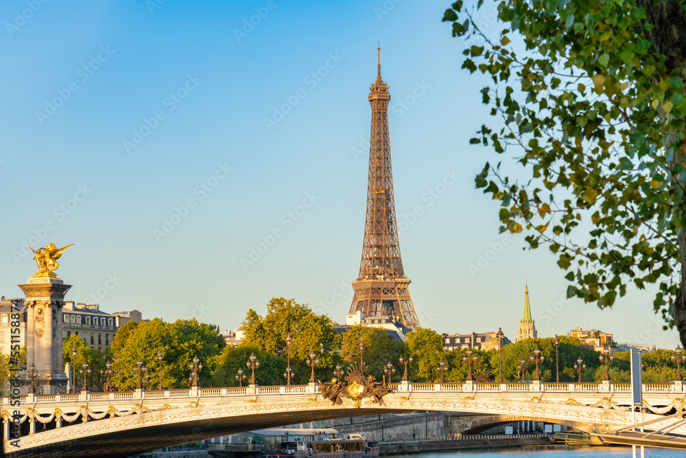 Sticker Eiffel Tower in Paris seen across Pont Alexandre III bridge. France