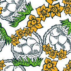 Easter seamless pattern with flowers, eggs, basket, spring decorative elements. Hand drawn illustration for textile print, fabric design, party decoration, scrapbooking, wallpaper and wrapping.