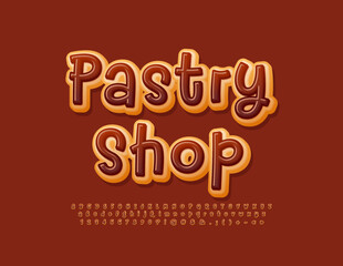 Vector tasty emblem Pastry Shop.  Choco Glazed Donut Font. Sweet Alphabet Letters and Numbers set.
