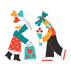 Mature elderly couple romance. Elder lovers giving each other presents, balloons, flowers. Old people dating and celebrating valentine's day. Retired active lifestyle.