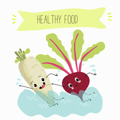 Vector illustration of funny cartoon character beet, radish float on the sea, ocean, healthy food, kitchen, ingredients, kids t-shirt design.