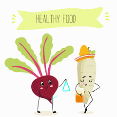 Vector illustration of funny cartoon character beetroot, radish playing on triangle, healthy food, kitchen, ingredients, kids t-shirt design.