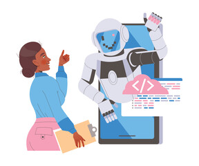 Robotics Programming with Woman Engineer Character and Robot Showing Thumb Up Vector Illustration