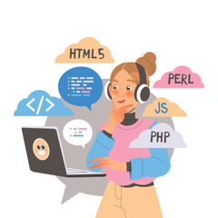 Woman App Dev with Laptop Professional Developing and Coding Software Application for Mobile Device Vector Illustration