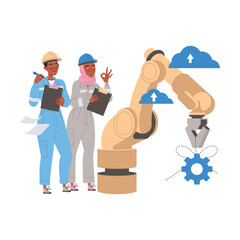 Robotics Programming with Man and Woman Engineer Character Configuring Robotic Arm Vector Illustration