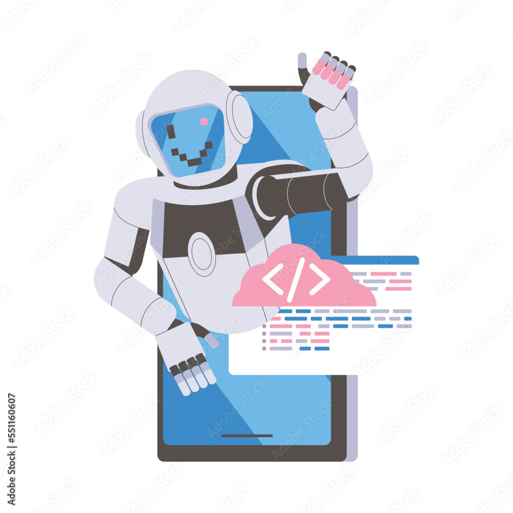Aufkleber metal humanoid robot machine from smartphone screen smiling and showing thumb up gesture vector illu